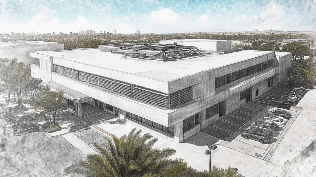 A commercial roof on a research laboratory in a location similar to San Diego with a charcoal sketch aesthetic (AI image)