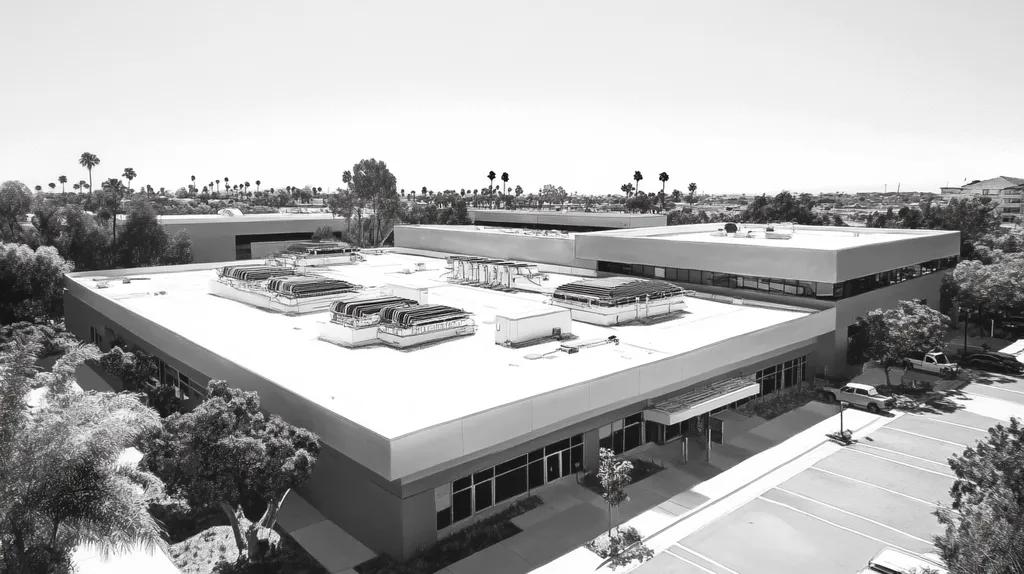 A commercial roof on a research laboratory in a location similar to San Diego with a charcoal sketch aesthetic (AI image)