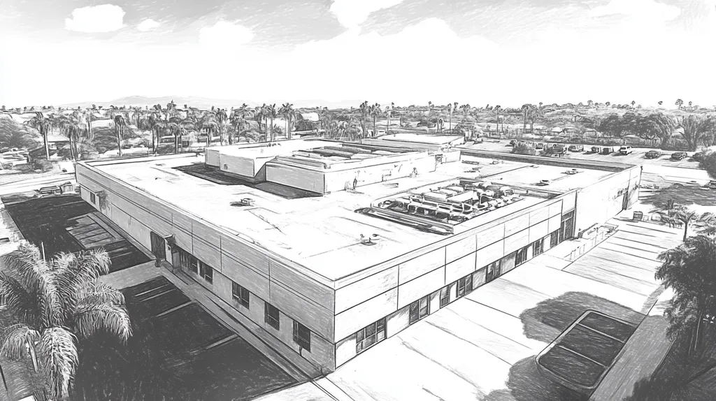 A commercial roof on a research laboratory in a location similar to San Diego with a charcoal sketch aesthetic (AI image)