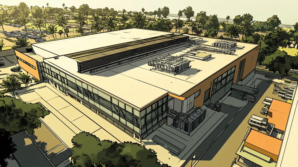 A commercial roof on a research laboratory in a location similar to San Diego with a comic book style aesthetic (AI image)
