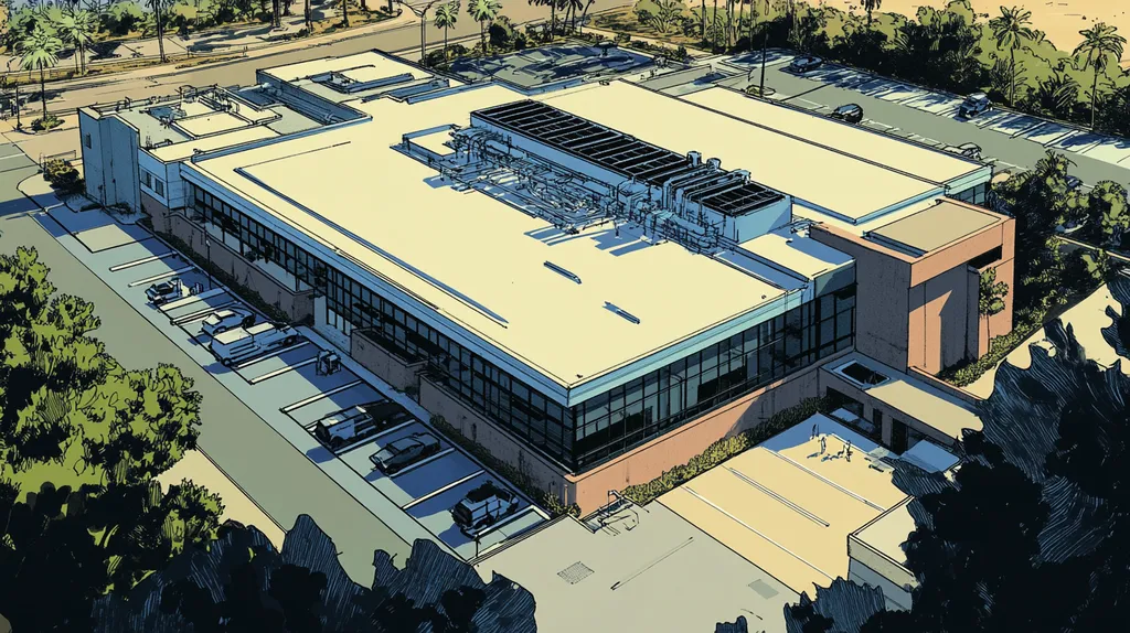 A commercial roof on a research laboratory in a location similar to San Diego with a comic book style aesthetic (AI image)