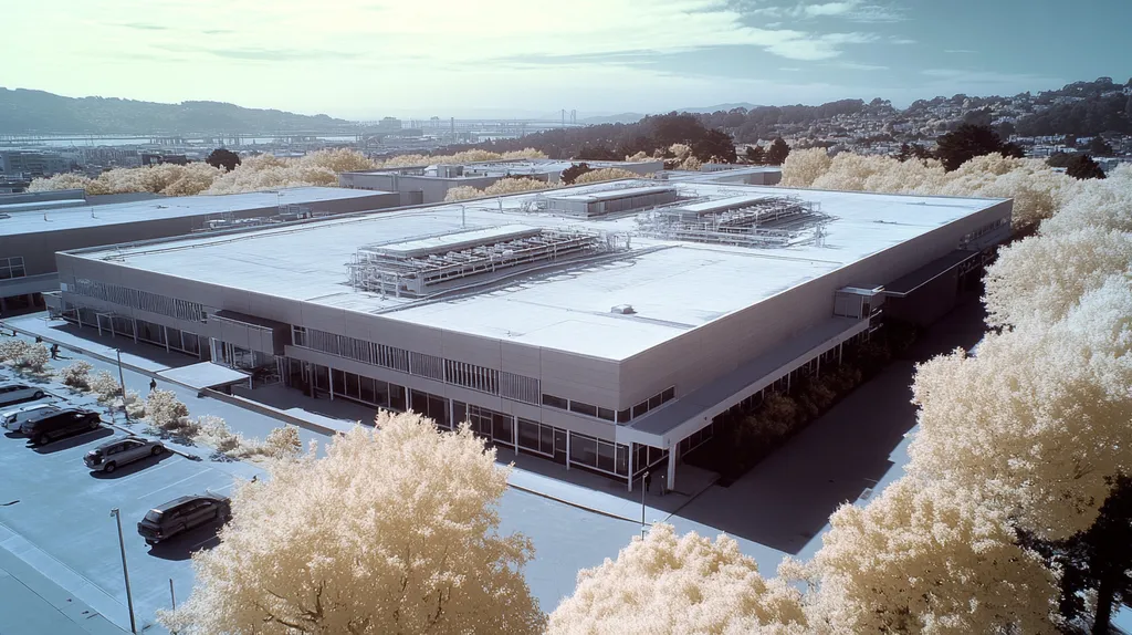 A commercial roof on a research laboratory in a location similar to San Francisco with an infrared photography aesthetic (AI image)