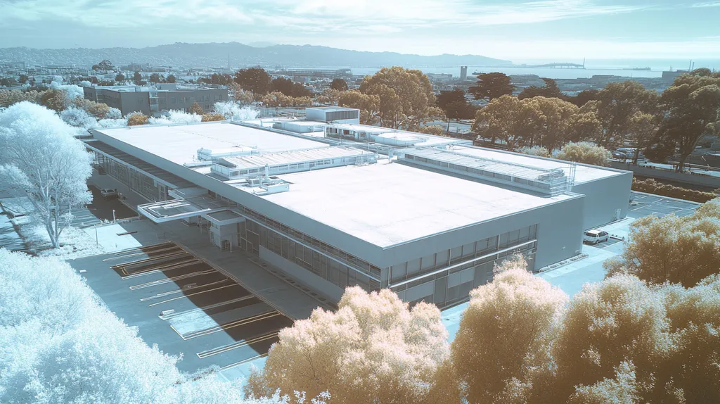 A commercial roof on a research laboratory in a location similar to San Francisco with an infrared photography aesthetic (AI image)