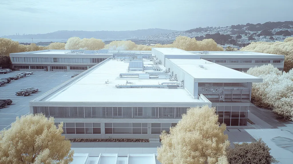 A commercial roof on a research laboratory in a location similar to San Francisco with an infrared photography aesthetic (AI image)