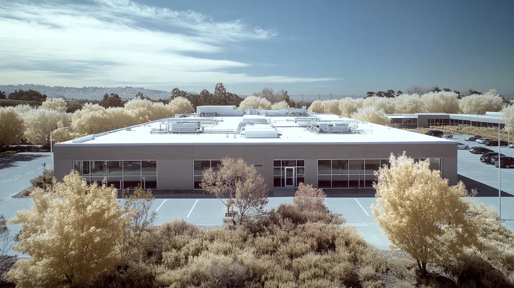 A commercial roof on a research laboratory in a location similar to San Francisco with an infrared photography aesthetic (AI image)