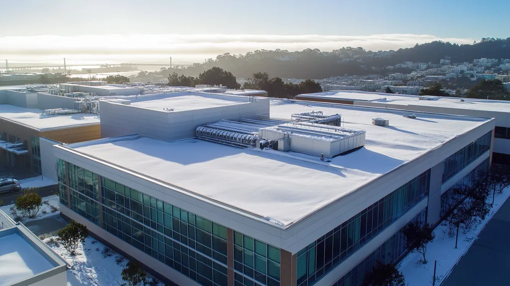 A commercial roof on a laboratory in a location similar to San Francisco with a snowy day aesthetic (AI image)