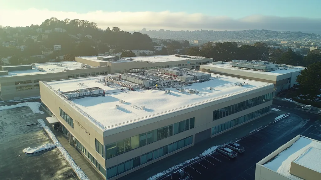 A commercial roof on a laboratory in a location similar to San Francisco with a snowy day aesthetic (AI image)