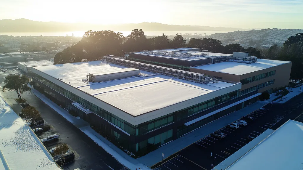 A commercial roof on a laboratory in a location similar to San Francisco with a snowy day aesthetic (AI image)