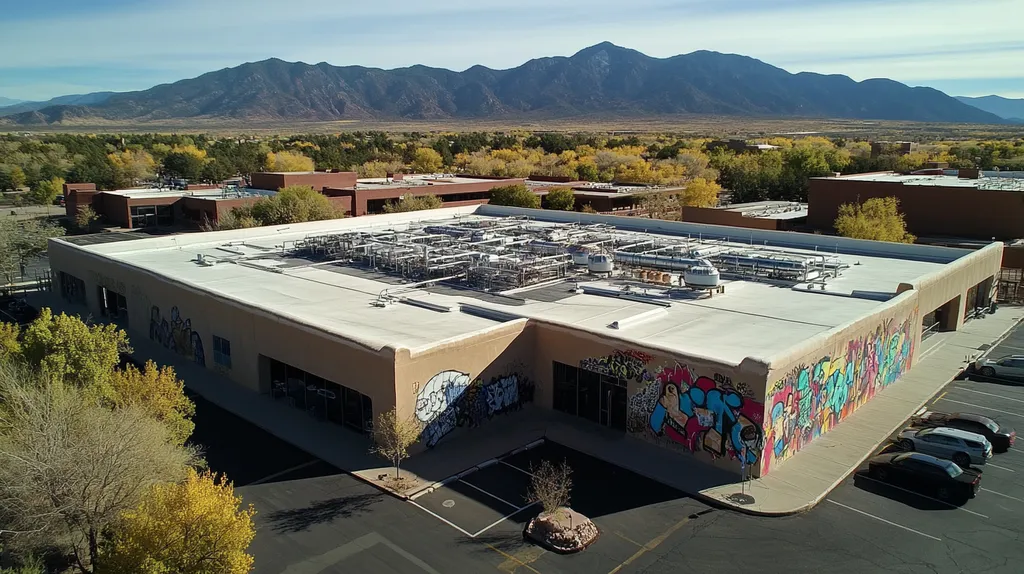 A commercial roof on a research laboratory in a location similar to Santa Fe with a graffiti mural aesthetic (AI image)