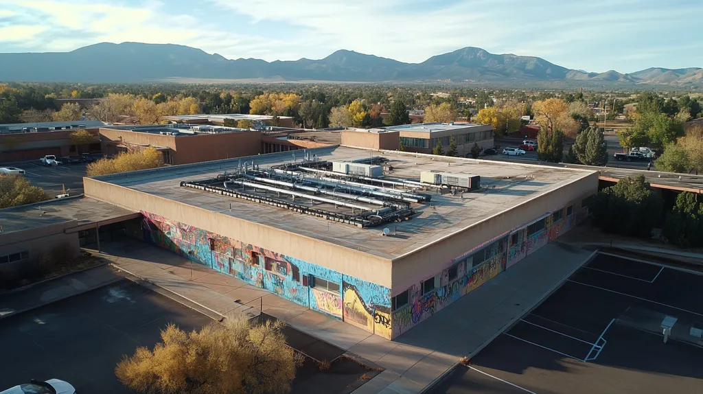 A commercial roof on a research laboratory in a location similar to Santa Fe with a graffiti mural aesthetic (AI image)