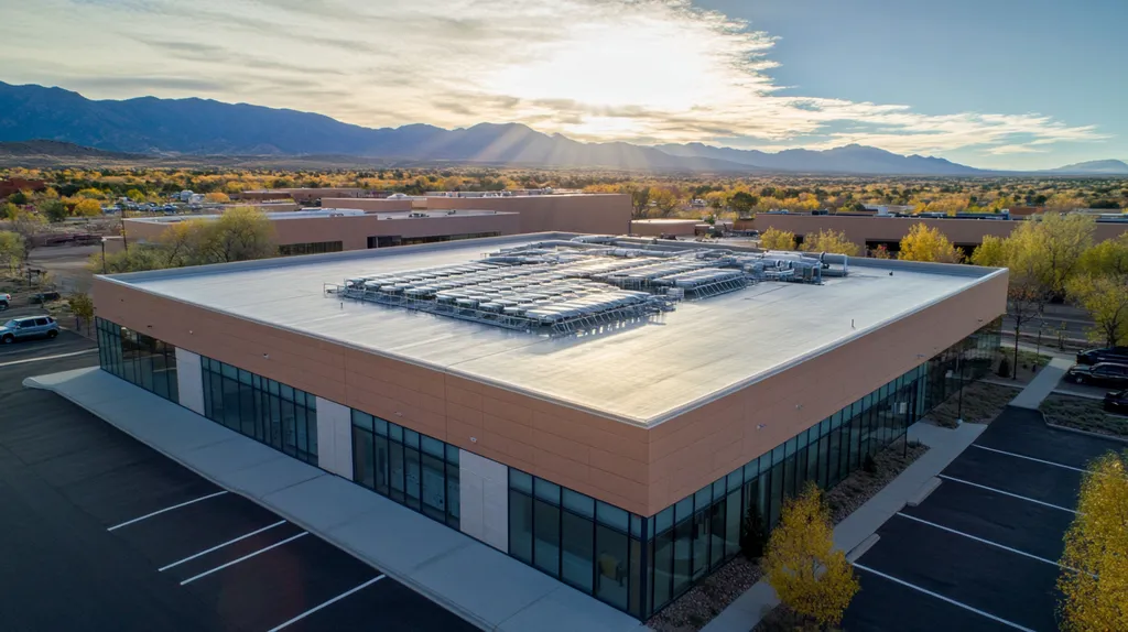 A commercial roof on a research laboratory in a location similar to Santa Fe with a light beams aesthetic (AI image)