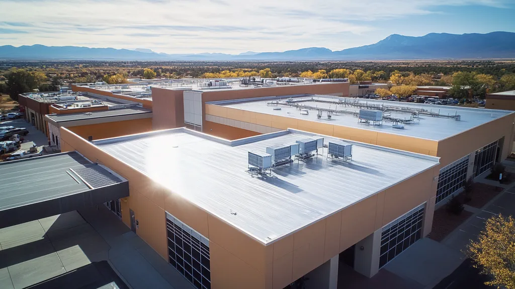 A commercial roof on a research laboratory in a location similar to Santa Fe with a stainless steel aesthetic (AI image)