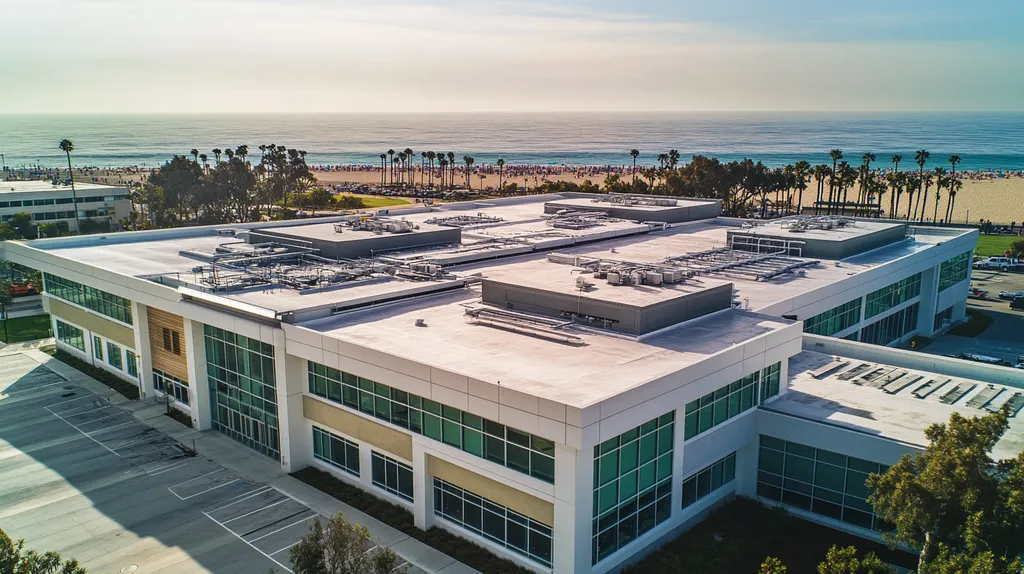 A commercial roof on a research laboratory in a location similar to Santa Monica with an architectural photography aesthetic (AI image)