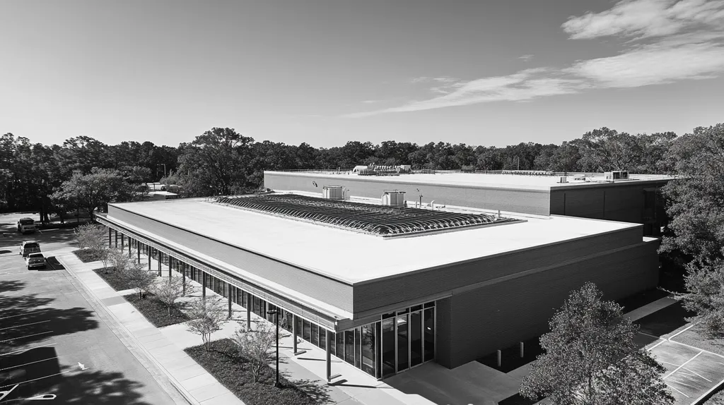 A commercial roof on a laboratory in a location similar to Savannah with a black and white photography aesthetic (AI image)