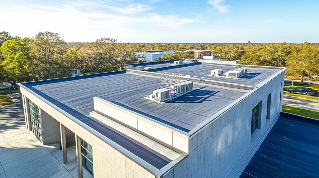 A commercial roof on a research laboratory in a location similar to Savannah with a cross-processed look aesthetic (AI image)