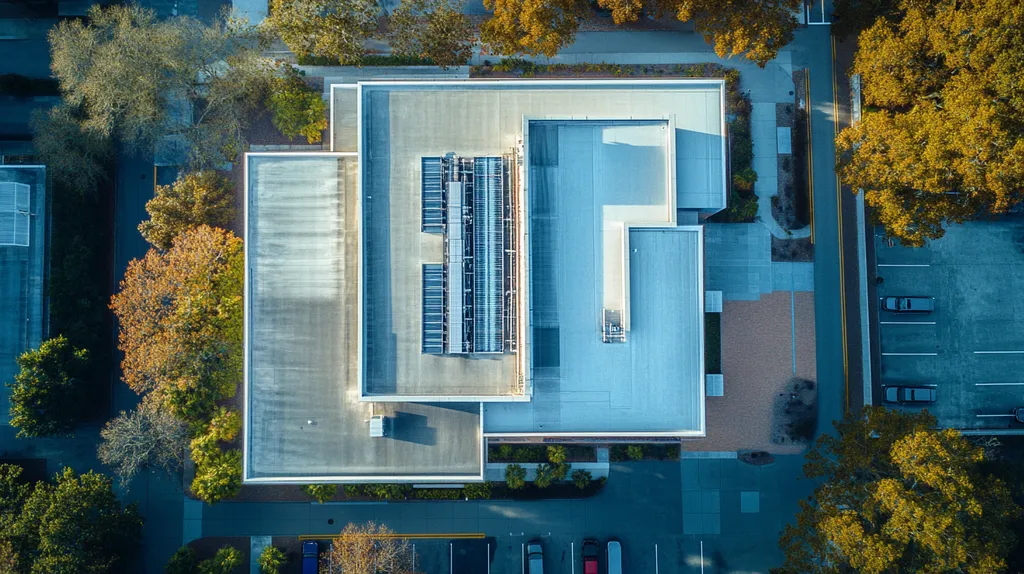 A commercial roof on a research laboratory in a location similar to Savannah with a cross-processed look aesthetic (AI image)