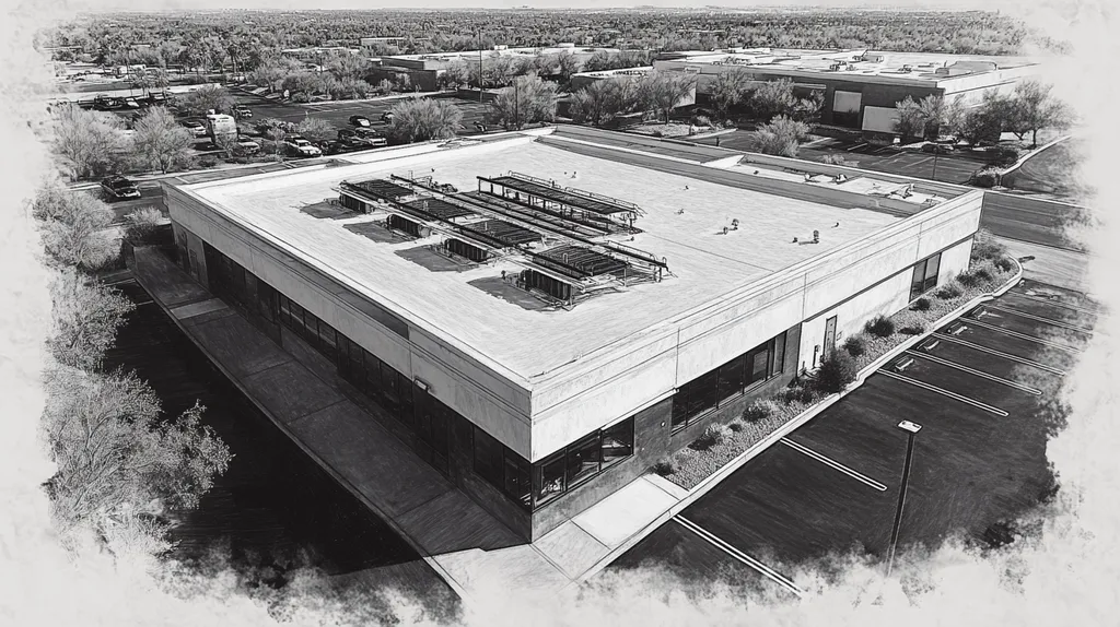 A commercial roof on a research laboratory in a location similar to Scottsdale with a charcoal sketch aesthetic (AI image)