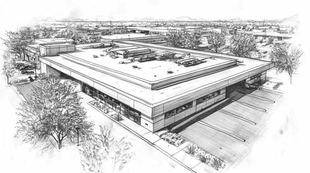 A commercial roof on a research laboratory in a location similar to Scottsdale with a charcoal sketch aesthetic (AI image)