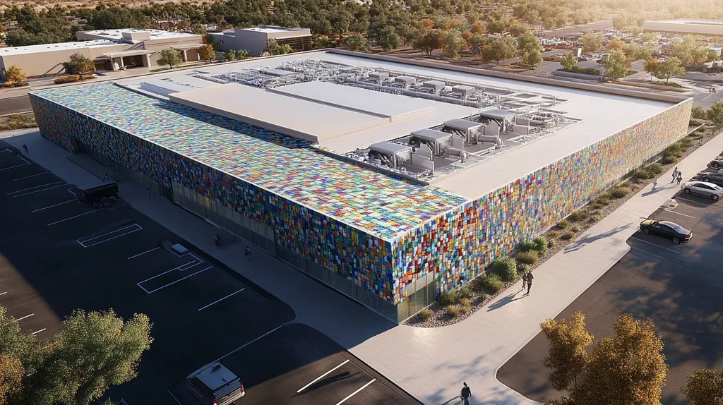 A commercial roof on a research laboratory in a location similar to Scottsdale with a mosaic tile art aesthetic (AI image)