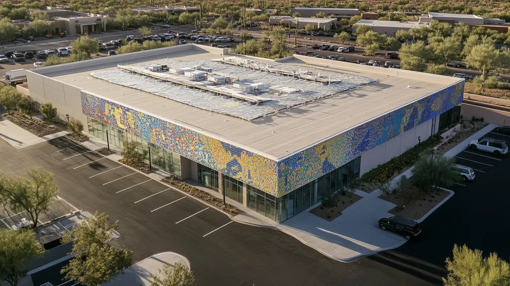 A commercial roof on a laboratory in a location similar to Scottsdale with a mosaic tile art aesthetic (AI image)