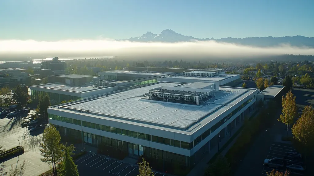 A commercial roof on a research laboratory in a location similar to Seattle with light beams aesthetic (AI image)