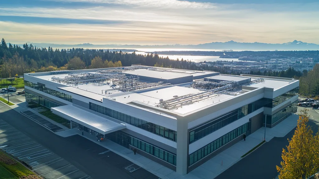 A commercial roof on a research laboratory in a location similar to Seattle with a light beams aesthetic (AI image)
