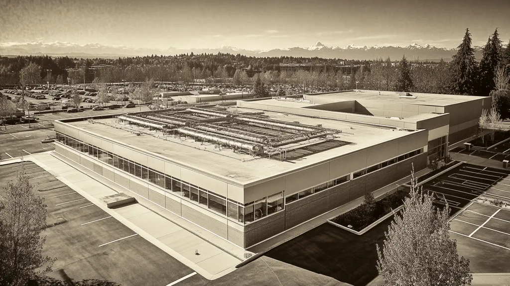 A commercial roof on a research laboratory in a location similar to Seattle with a tintype aesthetic (AI image)