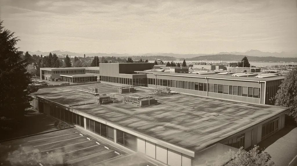 A commercial roof on a research laboratory in a location similar to Seattle with a tintype aesthetic (AI image)