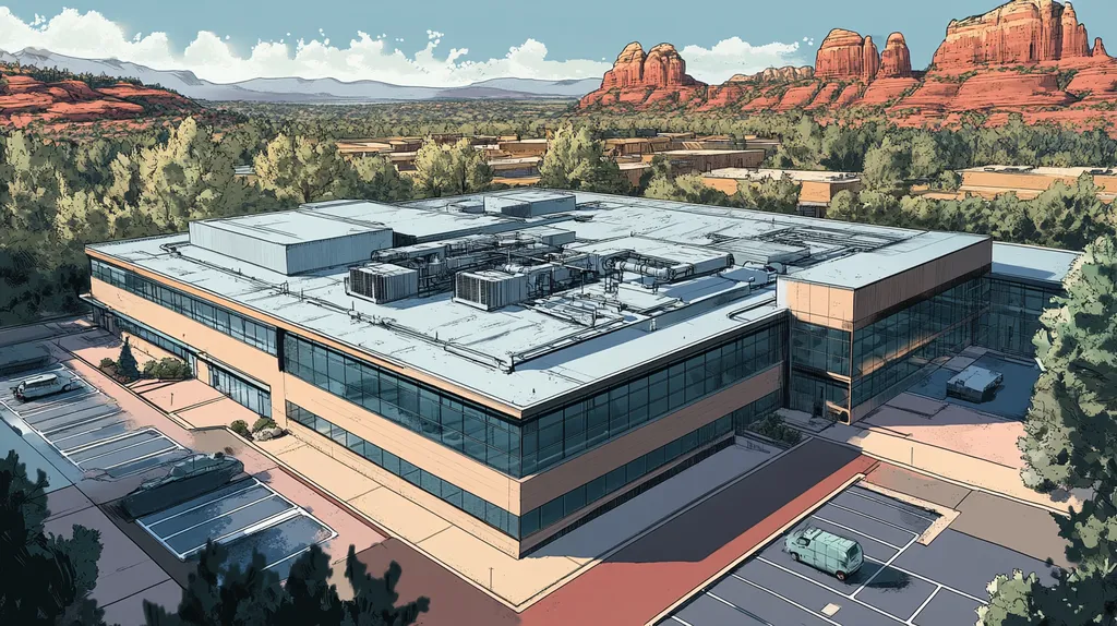 A commercial roof on a laboratory in a location similar to Sedona with a comic book style aesthetic (AI image)