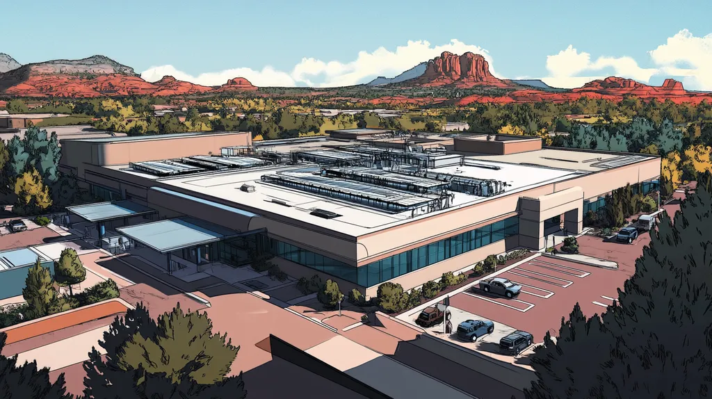 A commercial roof on a research laboratory in a location similar to Sedona with a comic book style aesthetic (AI image)