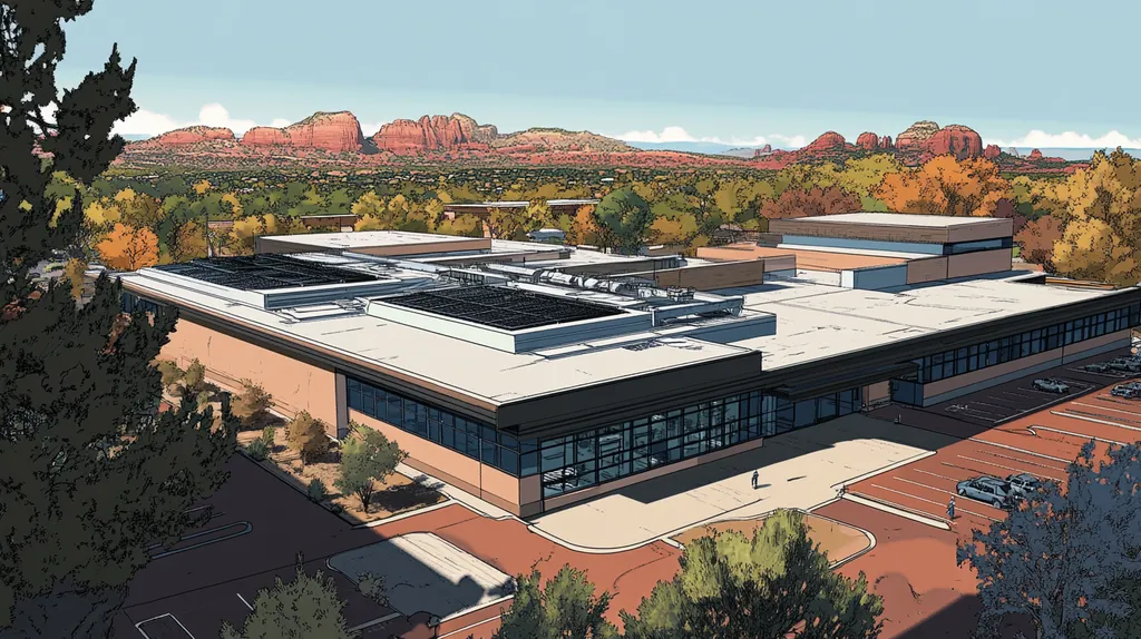 A commercial roof on a laboratory in a location similar to Sedona with a comic book style aesthetic (AI image)