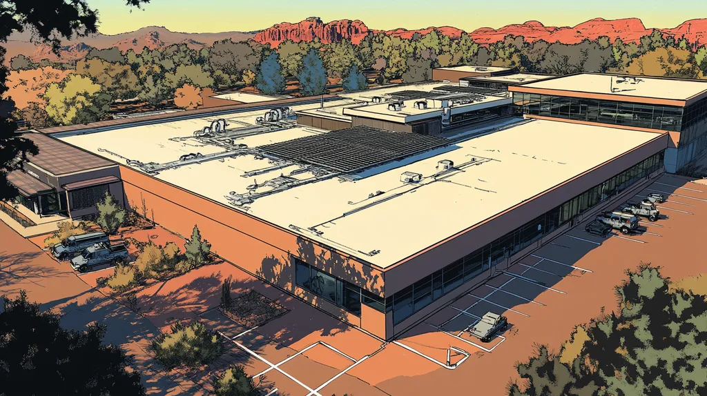 A commercial roof on a research laboratory in a location similar to Sedona with a comic book style aesthetic (AI image)