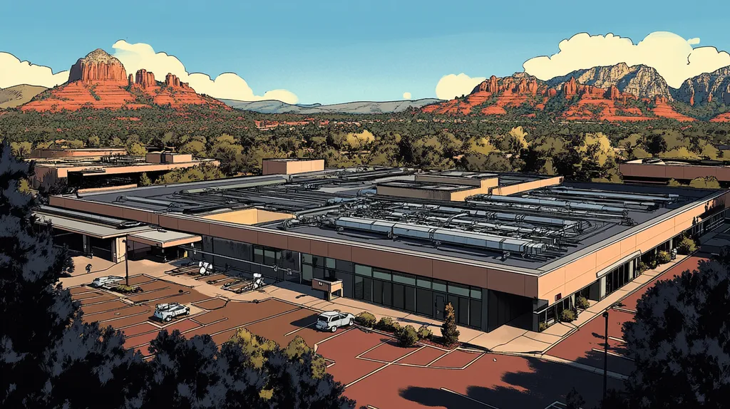 A commercial roof on a research laboratory in a location similar to Sedona with a comic book style aesthetic (AI image)