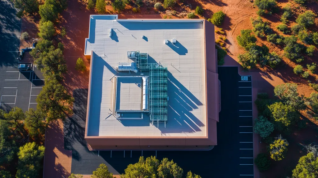 A commercial roof on a research laboratory in a location similar to Sedona with a cross-processed look aesthetic (AI image)