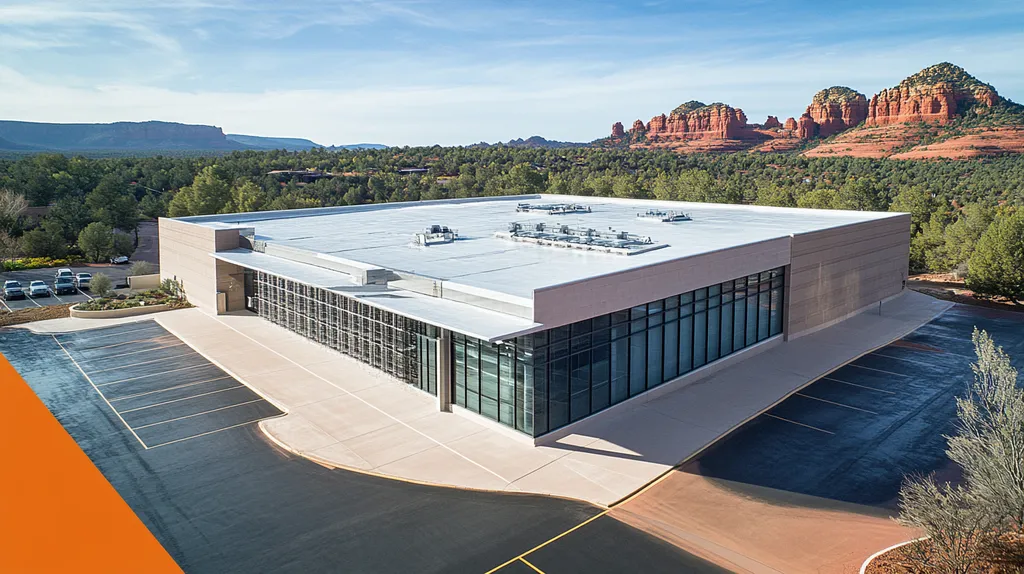 A commercial roof on a research laboratory in a location similar to Sedona with a rainy day aesthetic (AI image)