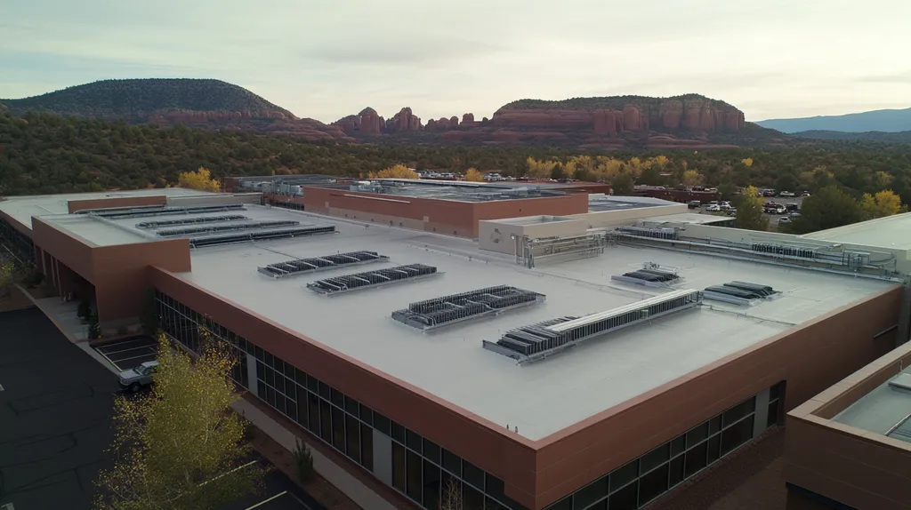 A commercial roof on a research laboratory in a location similar to Sedona with a rainy day aesthetic (AI image)