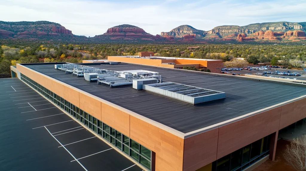 A commercial roof on a research laboratory in a location similar to Sedona with an urban context aesthetic (AI image)