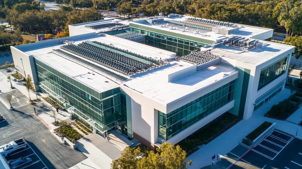 A commercial roof on a research laboratory in a location similar to Tampa with an architectural photography aesthetic (AI image)
