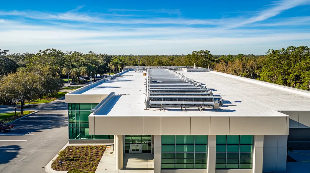 A commercial roof on a research laboratory in a location similar to Tampa with an architectural photography aesthetic (AI image)