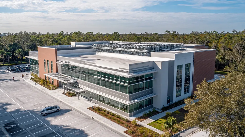A commercial roof on a research laboratory in a location similar to Tampa with an architectural photography aesthetic (AI image)