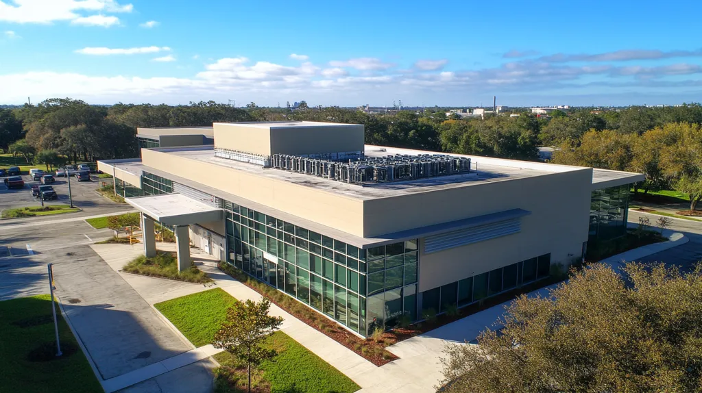 A commercial roof on a research laboratory in a location similar to Tampa with a cross-processed look aesthetic (AI image)
