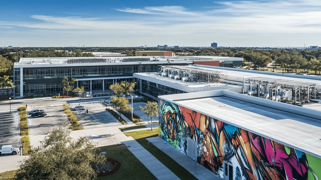 A commercial roof on a research laboratory in a location similar to Tampa with a graffiti mural aesthetic (AI image)