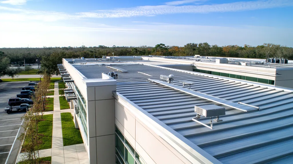 A commercial roof on a research laboratory in a location similar to Tampa with a stainless steel aesthetic (AI image)