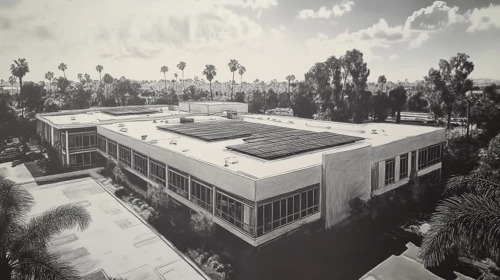 A commercial roof on a school in a location similar to Beverly Hills with a charcoal sketch aesthetic (AI image)