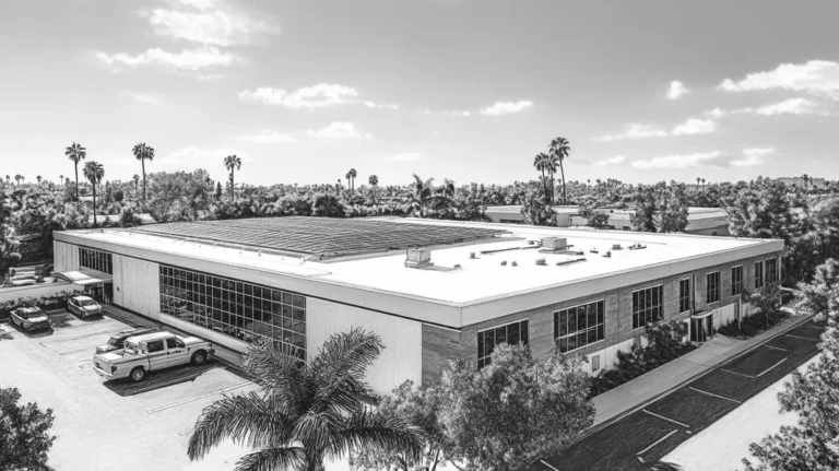 A commercial roof on a school in a location similar to Beverly Hills with a charcoal sketch aesthetic (AI image)