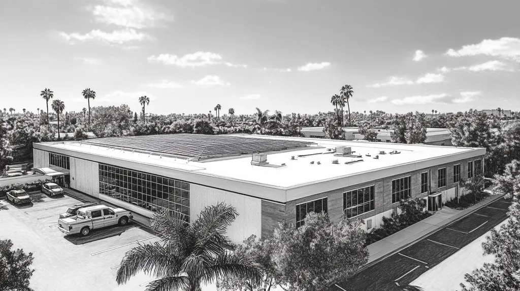 A commercial roof on a school in a location similar to Beverly Hills with a charcoal sketch aesthetic (AI image)