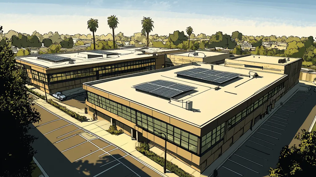 A commercial roof on a school in a location similar to Beverly Hills with a comic book style aesthetic (AI image)