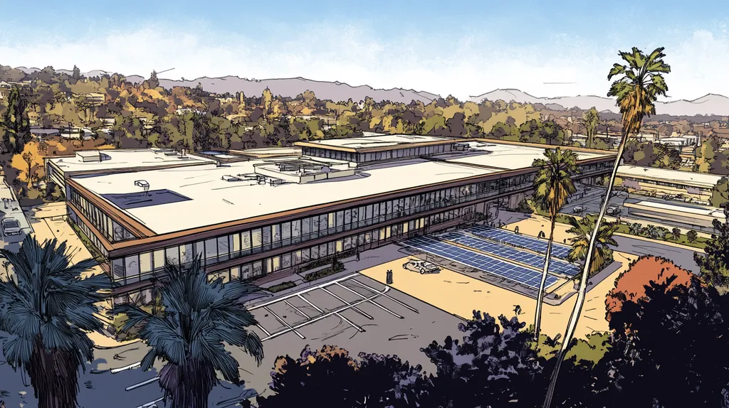 A commercial roof on a school in a location similar to Beverly Hills with a comic book style aesthetic (AI image)