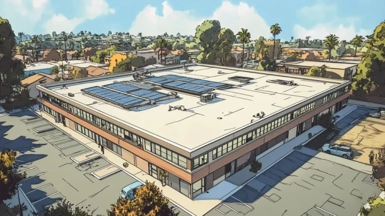 A commercial roof on a school in a location similar to Beverly Hills with a comic book style aesthetic (AI image)