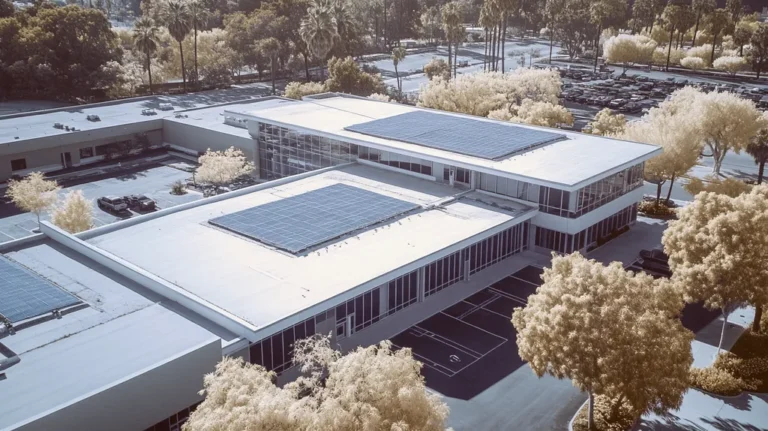 A commercial roof on a school in a location similar to Beverly Hills with an infrared photography aesthetic (AI image)